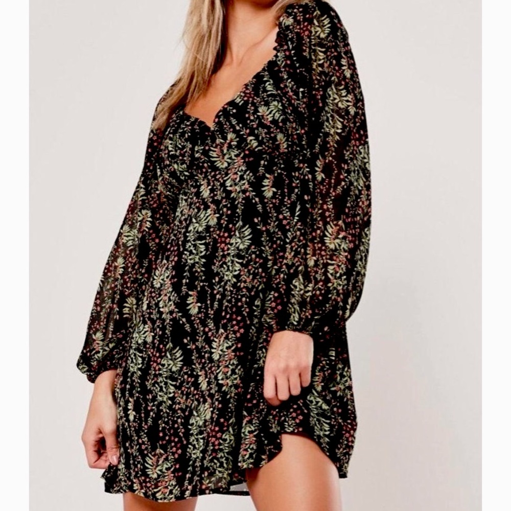 Missguided Black Floral Milkmaid Skater Dress